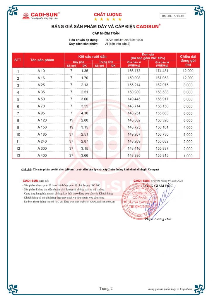 bảng báo giá cáp nhôm trần a