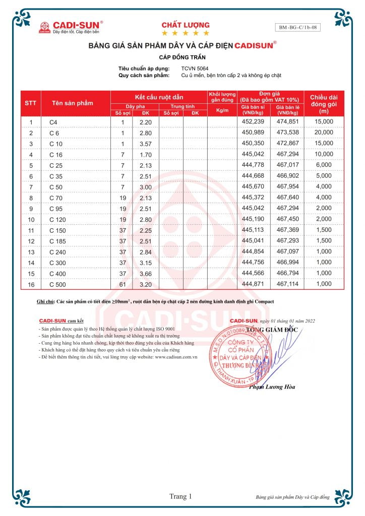 bảng báo giá cáp đồng trần C